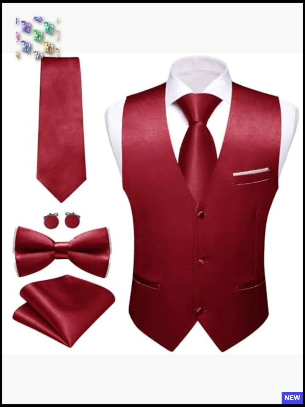 Men's Satin Vest Set Formal Business Wedding Tuxedo Accessories 5PCS
